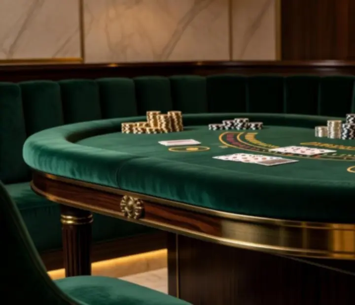 Emerald velvet blackjack table with gold-detailed cards and chips at Wonderstar s. r. o.