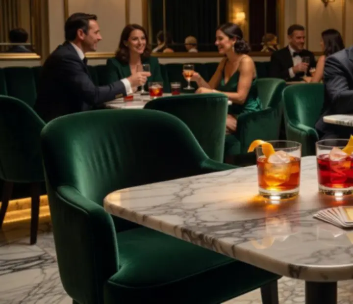 Cocktails and playing cards on a marble table with brass detailing and velvet seating.
