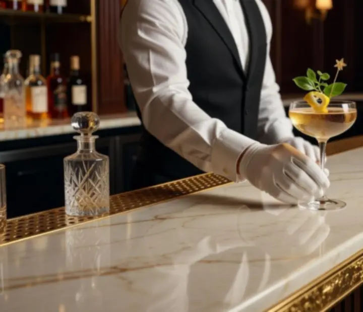 Signature cocktails on a gold and marble bar at Wonderstar s. r. o.