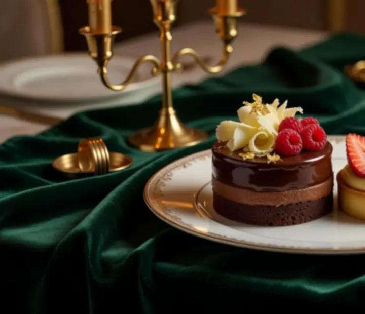 Decadent dessert plated with emerald and gold accents at Wonderstar s. r. o.