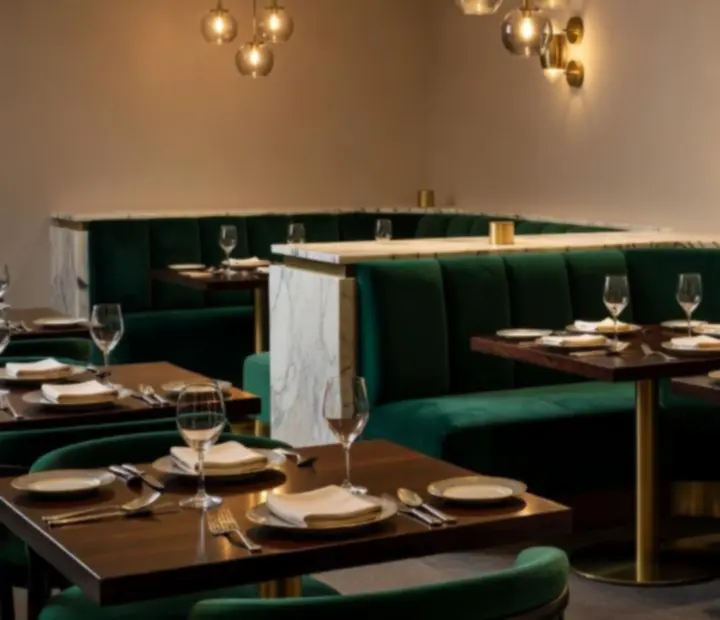 Emerald velvet and gold accented restaurant interior at Wonderstar s. r. o.