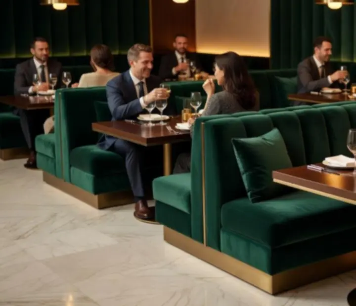 Emerald velvet dining room at Wonderstar s. r. o. with gold accents and warm lighting