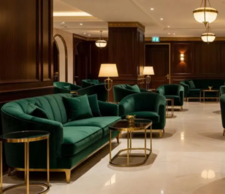 Emerald velvet and gold lounge interior at Wonderstar s. r. o. with marble tables and warm pendant lighting.