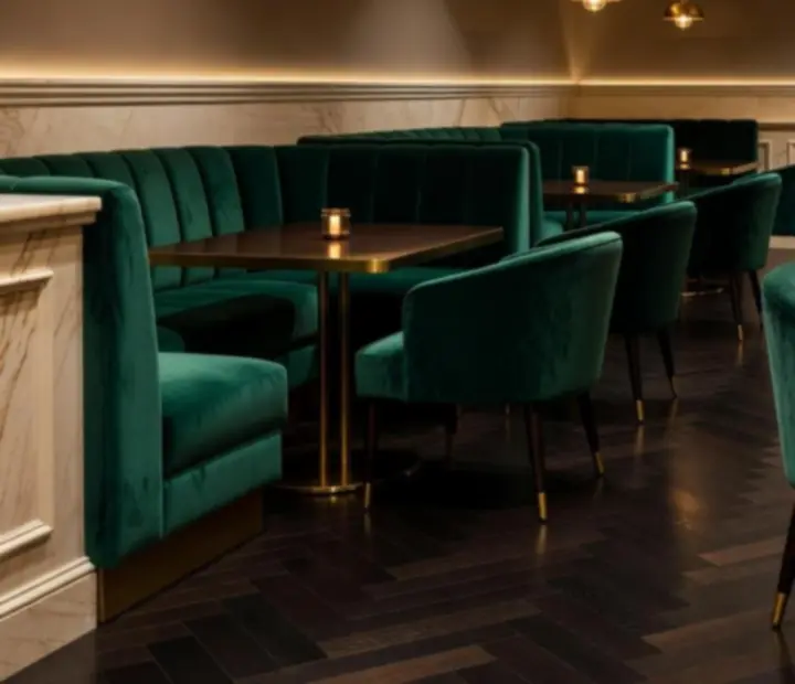 Emerald velvet lounge interior at Wonderstar s. r. o. with gold detailing and ambient lighting