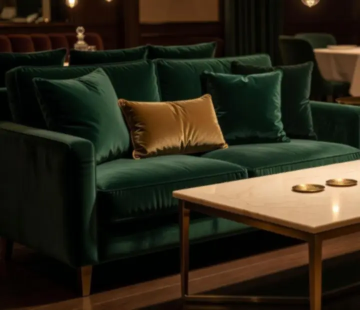 Wonderstar s. r. o. lounge with emerald velvet seating and gold accents