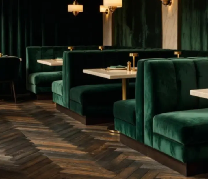 Emerald velvet dining room at Wonderstar s. r. o. with cocktails and warm lighting