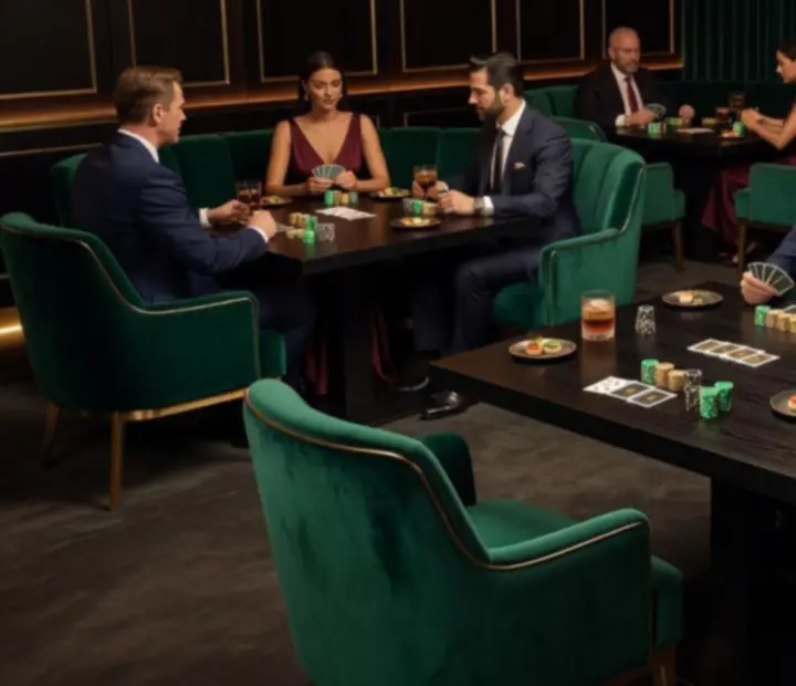 Emerald velvet poker evening lounge at Wonderstar s. r. o. with gold-detailed tables