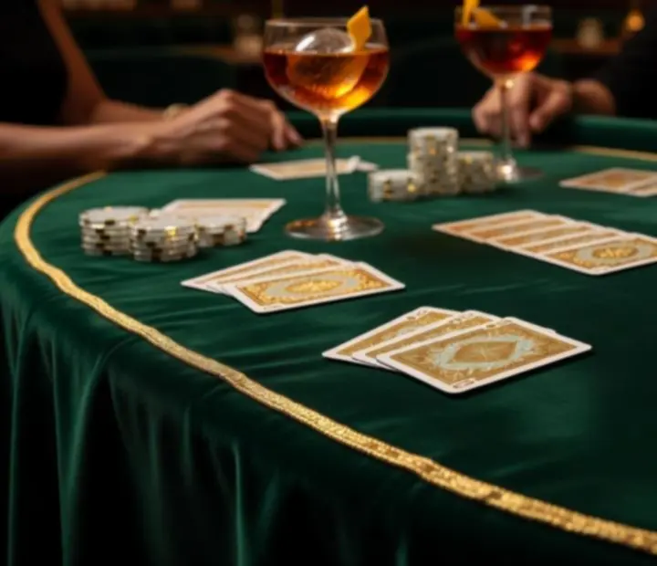 Elegant poker table setup with cards and chips in an emerald and gold setting