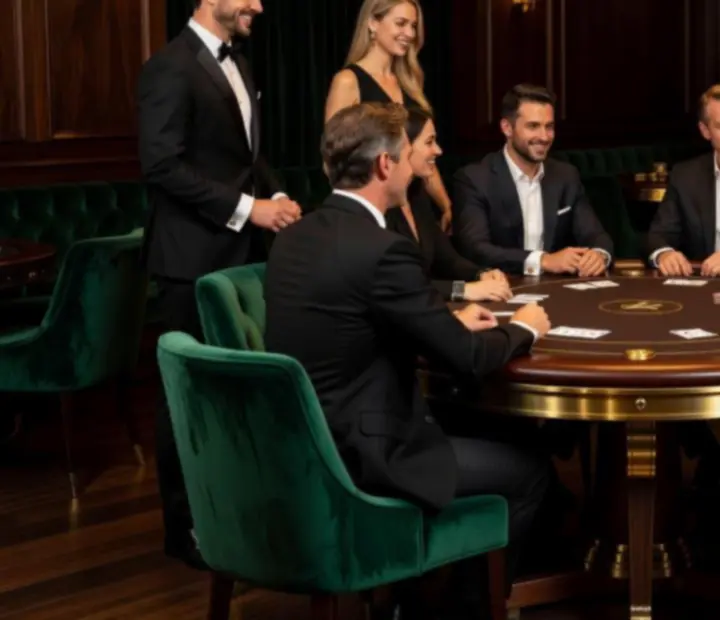 A hosted poker table at Wonderstar s. r. o. with emerald velvet, gold-accented cards and softly lit glasses.