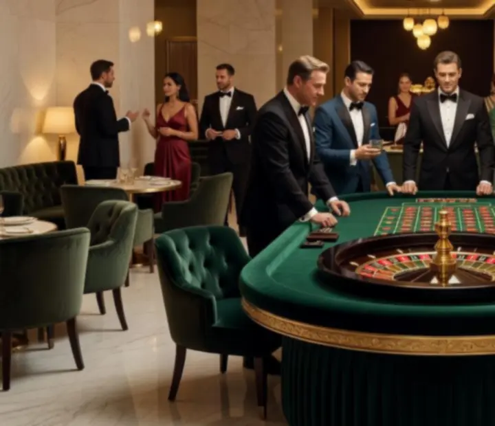 An elegant roulette-themed evening with emerald-draped tables in a softly lit restaurant lounge.