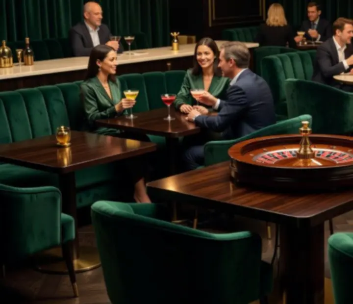 Emerald velvet roulette lounge at Wonderstar s. r. o. with gold accents and a softly lit roulette wheel.
