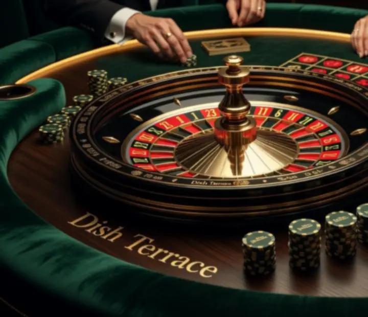 Close-up of an elegant roulette wheel with gold-trimmed chips at Wonderstar s. r. o.