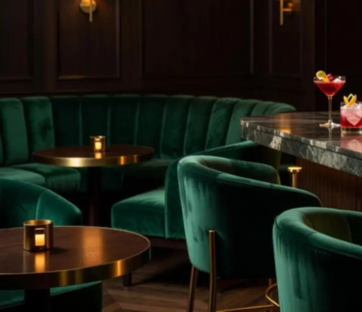Signature cocktails served in an emerald velvet lounge at Wonderstar s. r. o.