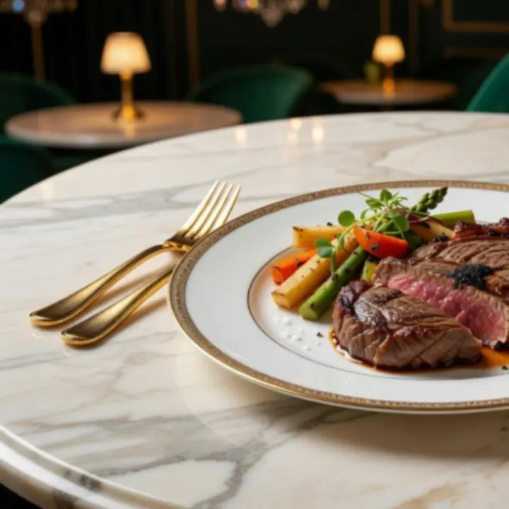 Signature main course served on a cream marble table with gold details