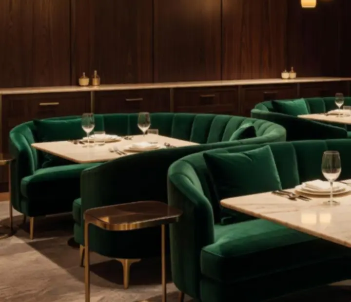 Emerald velvet and gold interior of Wonderstar s. r. o. with marble and timber finishes